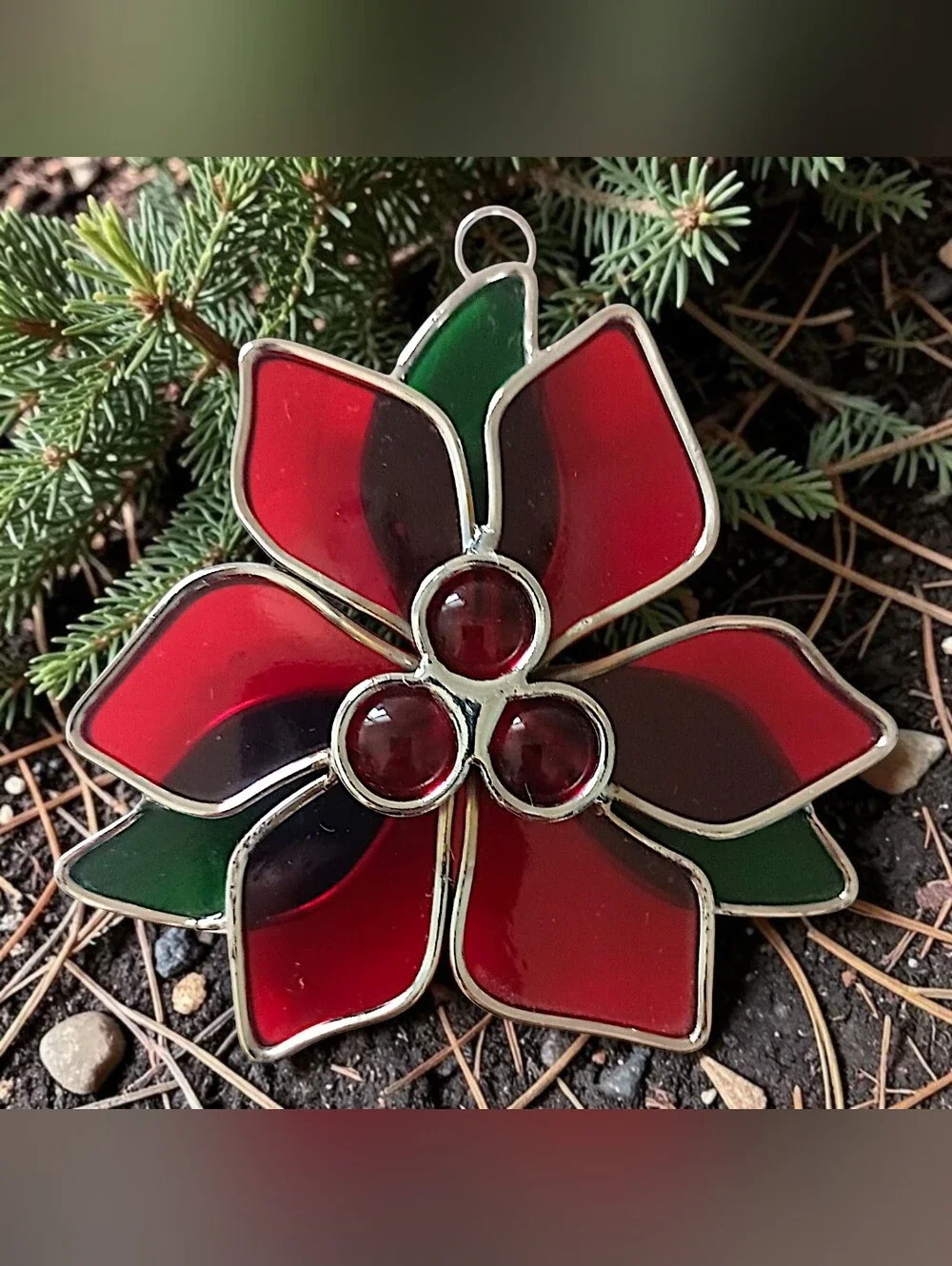 Vintage Stained Glass Poinsettia Suncatcher Ornament Christmas Window Red Green